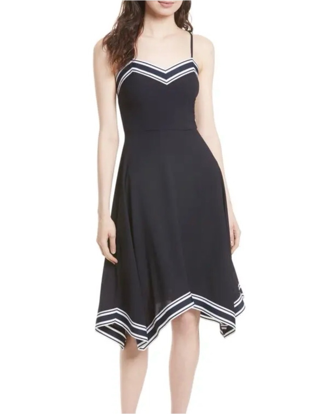 Ted Baker Black Midi Handkerchief Hem Dress with White Trim